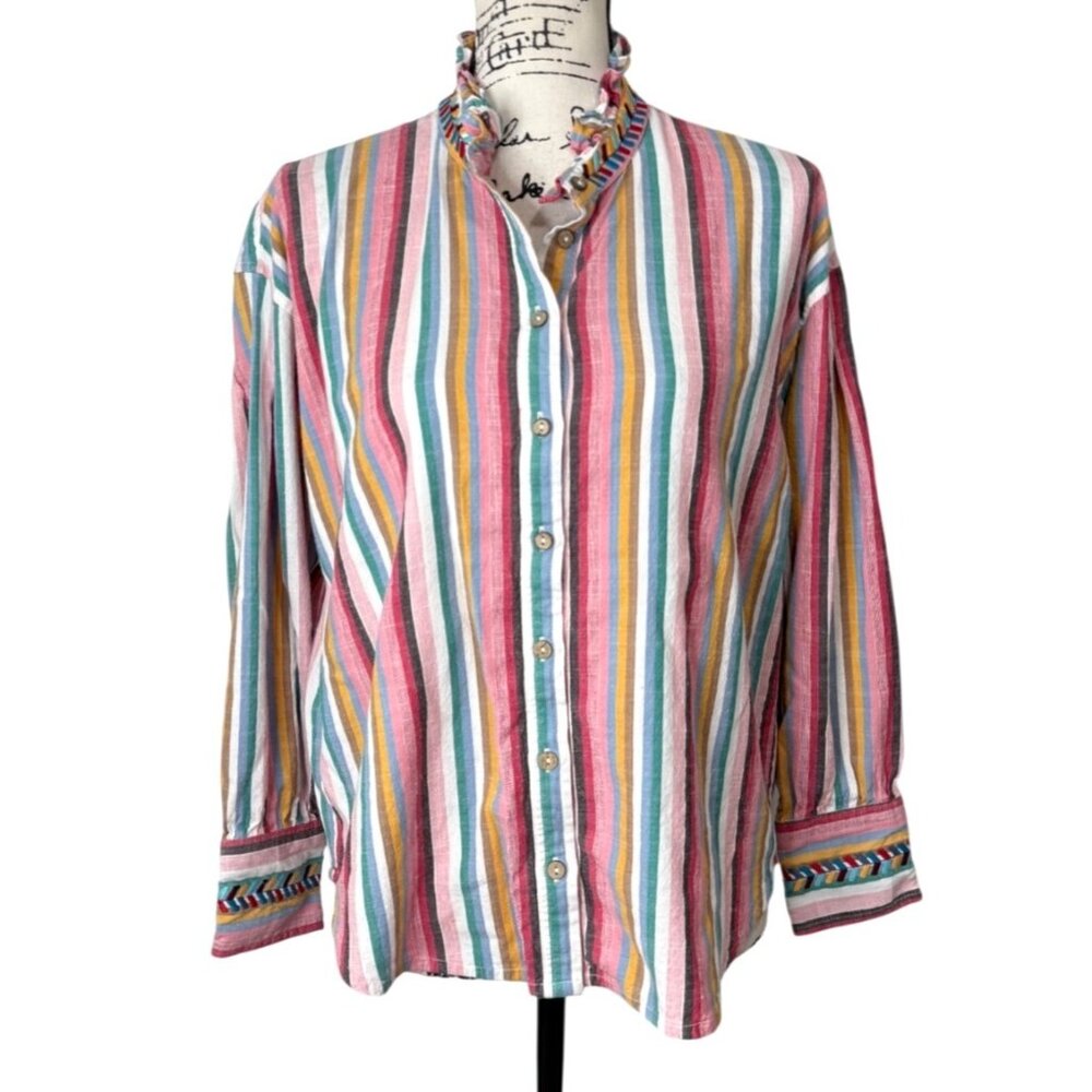 Xirena Womens Button-Up Top Striped Cotton Viscose Shirt Colorful Size XS